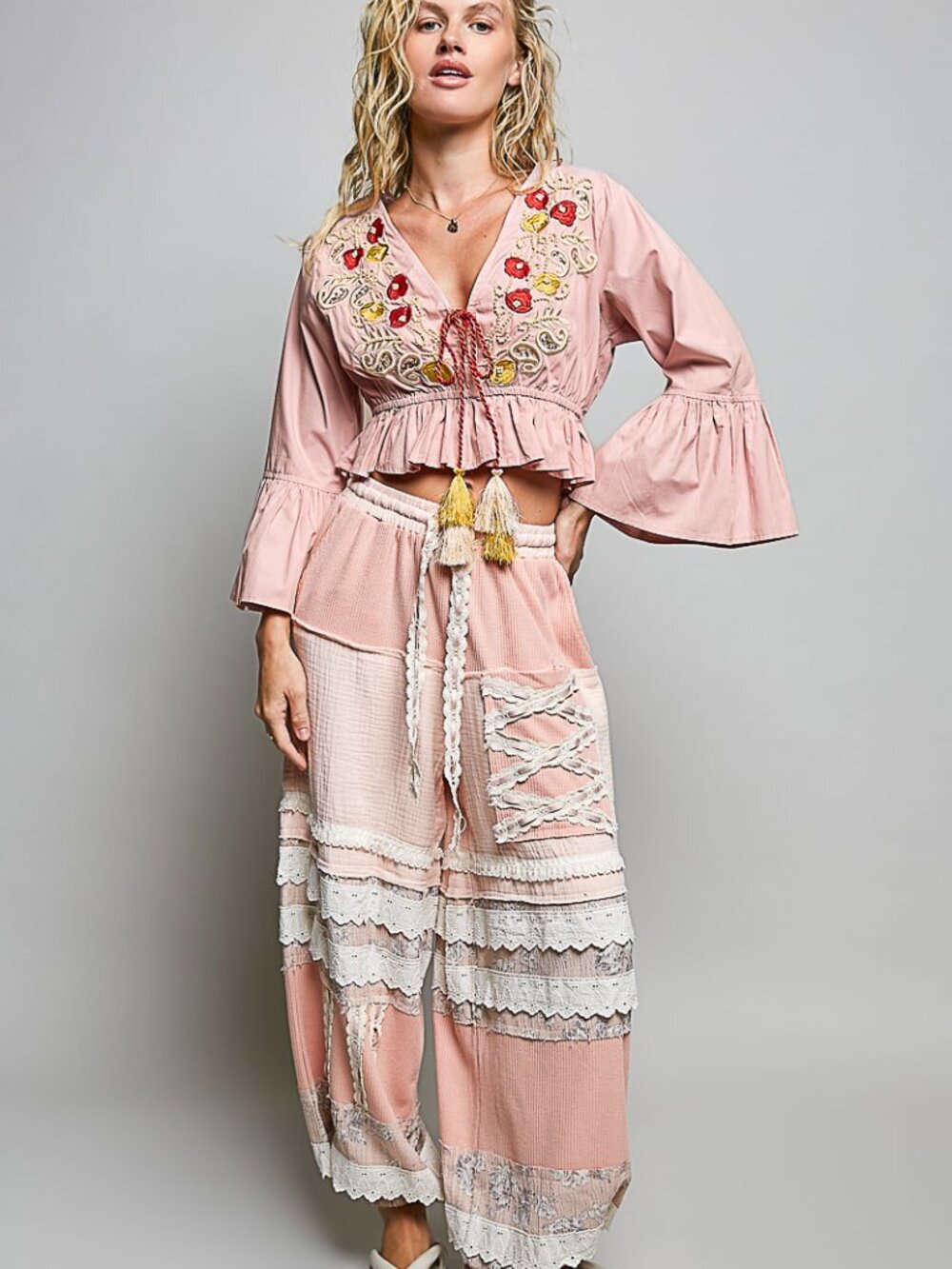 B33 POL V-Neck Embroidwered 3/4 Sleeve Top W/ Tassels Pink NEW - Picture 4 of 4